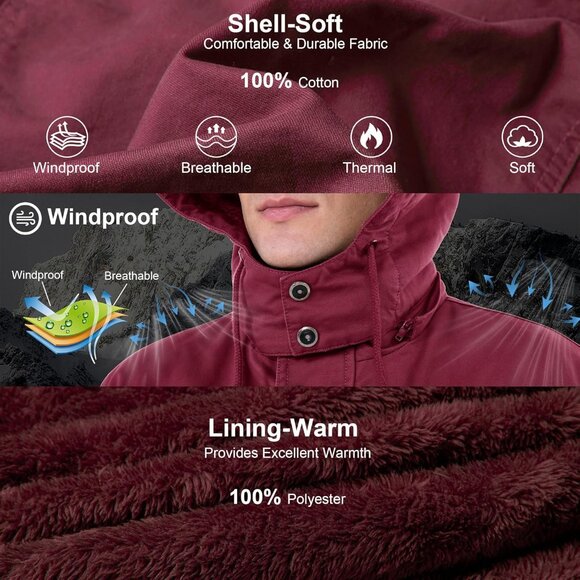 Mens Wine Red Thick Winter Jacket Hooded Fleece Lined Cotton Military Coat - Picture 3 of 6